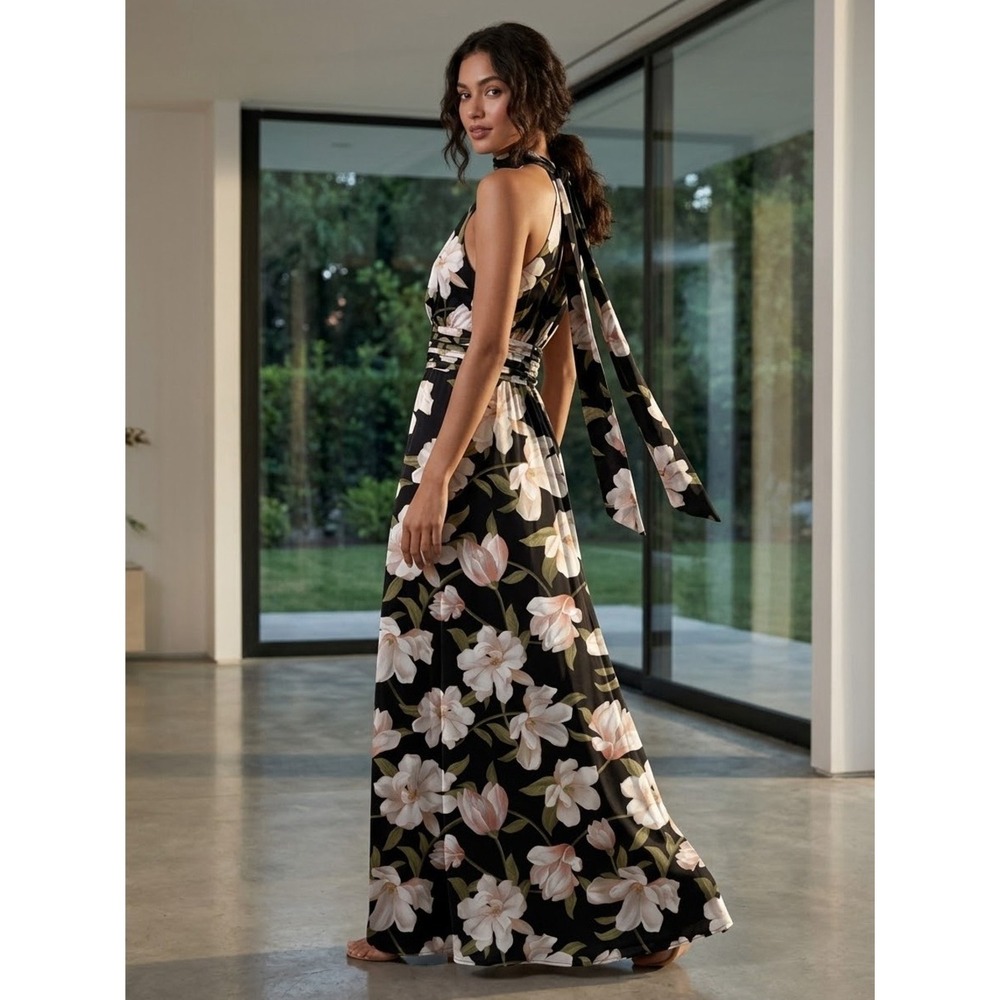 NWT Sachin & Babi Black Ebony Garden Kayla Halter Gown Sz 0